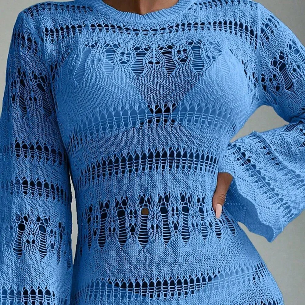 Blue Boho Womens Beach Hollow Out Scallop Trim Cover Up Dress Without Bikini Set